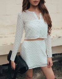 Sheer Mesh Dot Print Cropped Cardigan and Matching Mini Skirt Set Wear
