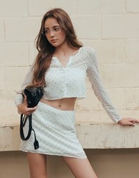 Sheer Mesh Dot Print Cropped Cardigan and Matching Mini Skirt Set Wear