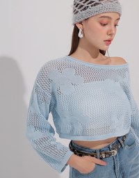 Open Knit Crochet Style Floral Crop Sweater