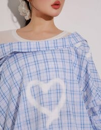 Oversized Graffiti Heart Plaid Long Sleeve Shirt Blouse