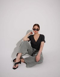 Cross Front Ruched V Neck Short Sleeve Fitted Top