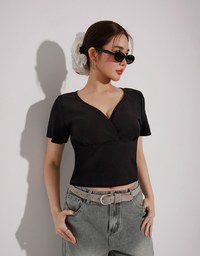 Cross Front Ruched V Neck Short Sleeve Fitted Top