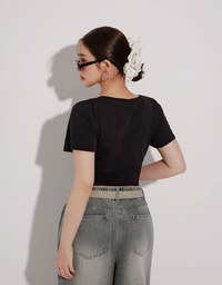 Cross Front Ruched V Neck Short Sleeve Fitted Top