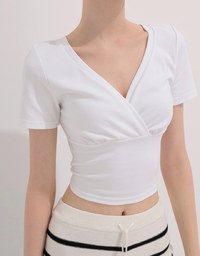 Cross Front Ruched V Neck Short Sleeve Fitted Top