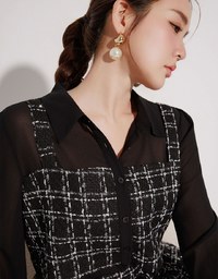 Tweed Style Checkered Panel Layered Button Front Shirt Blouse