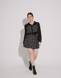 Tweed Style Checkered Panel Layered Button Front Shirt Blouse