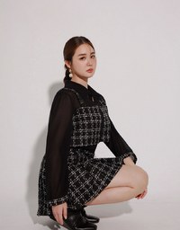 Tweed Style Checkered Panel Layered Button Front Shirt Blouse