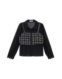 Tweed Style Checkered Panel Layered Button Front Shirt Blouse