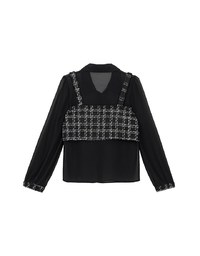 Tweed Style Checkered Panel Layered Button Front Shirt Blouse