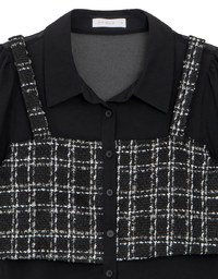Tweed Style Checkered Panel Layered Button Front Shirt Blouse