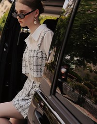 Tweed Style Checkered Panel Layered Button Front Shirt Blouse