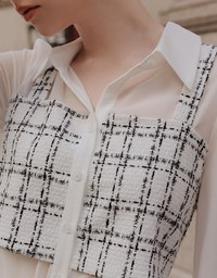 Tweed Style Checkered Panel Layered Button Front Shirt Blouse