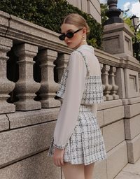 Tweed Style Checkered Panel Layered Button Front Shirt Blouse