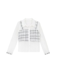 Tweed Style Checkered Panel Layered Button Front Shirt Blouse