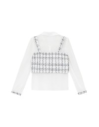 Tweed Style Checkered Panel Layered Button Front Shirt Blouse