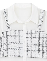 Tweed Style Checkered Panel Layered Button Front Shirt Blouse