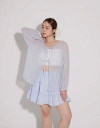 Sheer Lightweight 2 Way Blouse Top with Bow Tie Closure