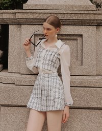 Tweed Style Checkered Mini Skirt with Side Buckle