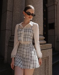 Tweed Style Checkered Mini Skirt with Side Buckle