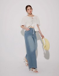 Mid Rise Vintage Washed Wide Leg Jeans Denim Pants