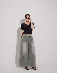Mid Rise Vintage Washed Wide Leg Jeans Denim Pants