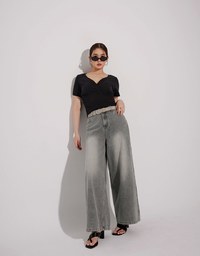 Mid Rise Vintage Washed Wide Leg Jeans Denim Pants
