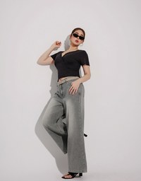 Mid Rise Vintage Washed Wide Leg Jeans Denim Pants