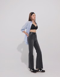 High Waist Double Button Flared Jeans Denim Pants