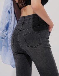 High Waist Double Button Flared Jeans Denim Pants