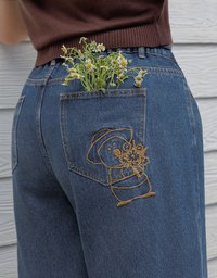 【DINOTAENG】Embroidered Graphic Wide-Leg Denim Jeans