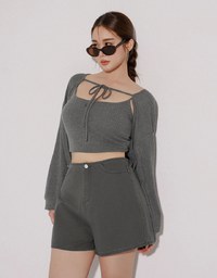 Cropped Knit Tie Front Cardigan with AIR SPACE Logo Embroidered Cami Padded Top Set Wear