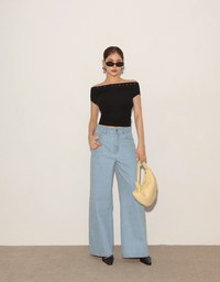 Off Shoulder Studded Detail Crop Fitted Top