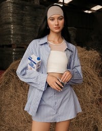Oversized Striped Long Sleeve Shirt with Single Pocket
