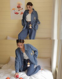 【DINOTAENG】Oversized Denim Shirt with Iron-On Embroidery Patches