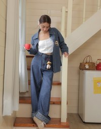 【DINOTAENG】Oversized Denim Shirt with Iron-On Embroidery Patches