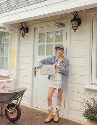 【DINOTAENG】Oversized Denim Shirt with Iron-On Embroidery Patches