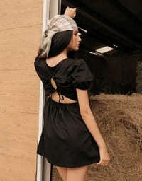 Drawstring Back Cut Out Puff Sleeve Pleated Mini Dress