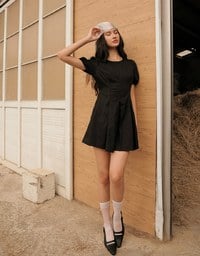 Drawstring Back Cut Out Puff Sleeve Pleated Mini Dress