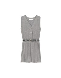 Button Front V Neck Knit Pleated Cami Dress