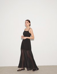 Layered Sheer Panel Spaghetti Strap Padded Maxi Dress