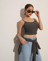 Heart Cutout Buttoned Knit Cardigan and Spaghetti Strap Crop Camisole Set Wear