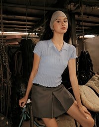 Semi-Sheer Knit Polo Top with Pastel Button Design