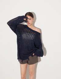 Distressed Hem Open Knit Pullover Sweater