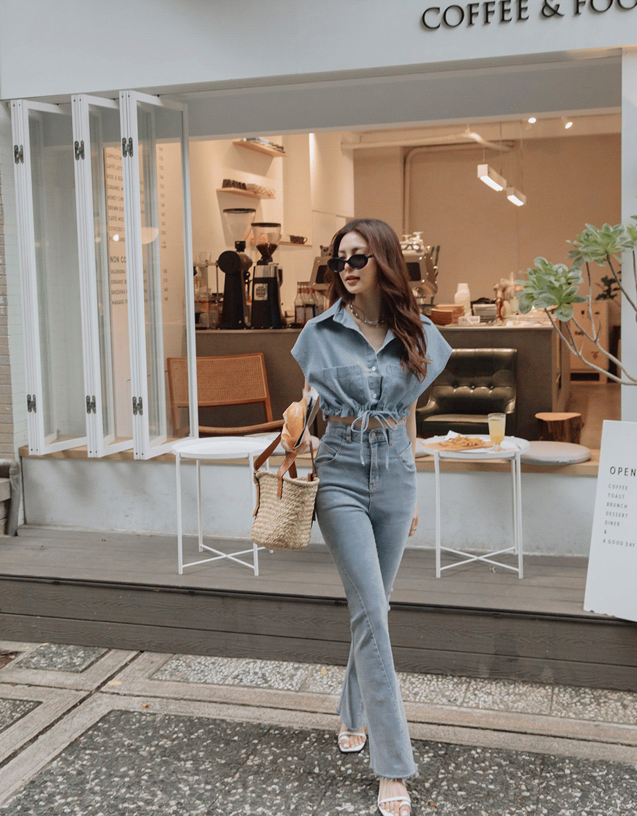 Casual Chic Drawstring Crop Denim Top