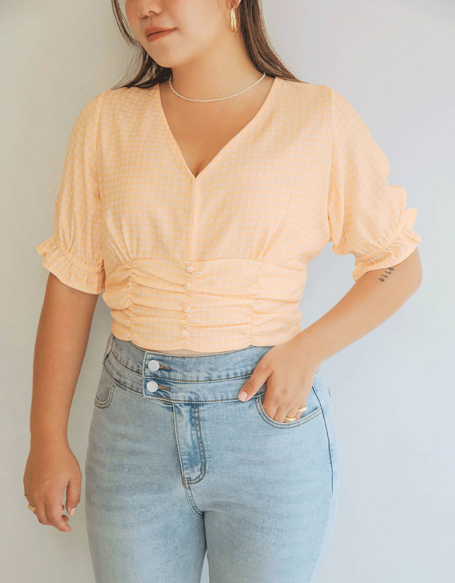 Gingham Scrunch Cinched Waist Crop Top
