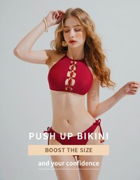 【PUSH UP】Hollow Metal Ring Accessories Halter Push Up Bikini Top