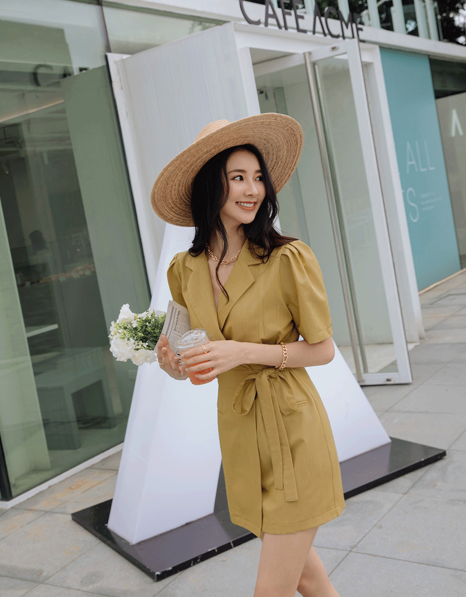 Edgy Chic Side-Tie Scrunch Puff Sleeve Suit Mini Dress