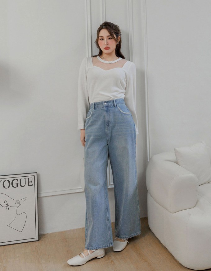 【INCHANT ME】[SS version] All Day Basic Wide Denim Pants Vintage Lace Details Jeans Denim Straight Leg Pants - AIR SPACE